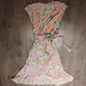 Floral Wrap Midi Dress in Pink and Orange